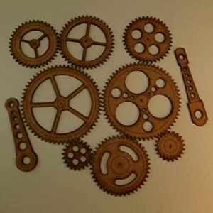 Steampunk Gears Wall Decor - Eight Gears, Two Push Rods - UNFINISHED - Free Shipping - Wood Gears