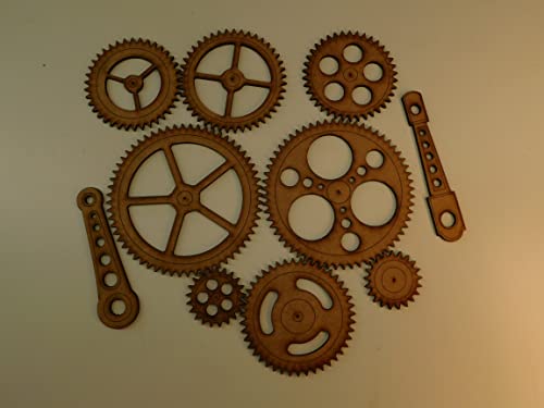 Steampunk Gears Wall Decor - Eight Gears, Two Push Rods - UNFINISHED - Free Shipping - Wood Gears