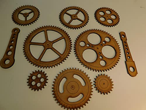 Steampunk Gears Wall Decor - Eight Gears, Two Push Rods - UNFINISHED - Free Shipping - Wood Gears