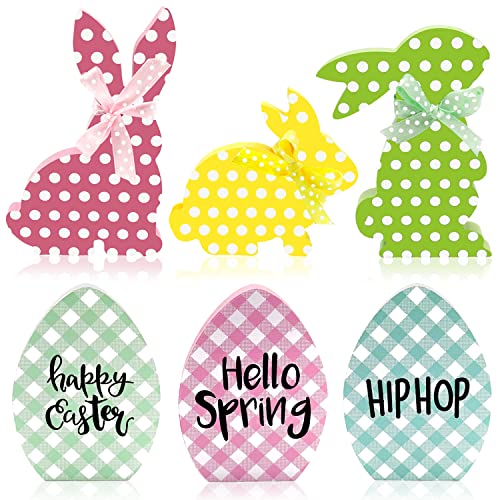 Ahzemepinyo 6 Pieces Easter Bunny Egg Table Wooden Sign Hello Spring Tiered Tray Decorations Double Printed Buffalo Plaid Bunny Egg Wood Tabletop Decoration for Spring Easter Farmhouse Tray Decor