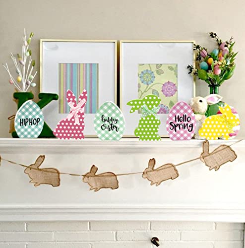 Ahzemepinyo 6 Pieces Easter Bunny Egg Table Wooden Sign Hello Spring Tiered Tray Decorations Double Printed Buffalo Plaid Bunny Egg Wood Tabletop Decoration for Spring Easter Farmhouse Tray Decor