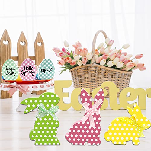 Ahzemepinyo 6 Pieces Easter Bunny Egg Table Wooden Sign Hello Spring Tiered Tray Decorations Double Printed Buffalo Plaid Bunny Egg Wood Tabletop Decoration for Spring Easter Farmhouse Tray Decor