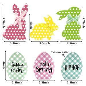 Ahzemepinyo 6 Pieces Easter Bunny Egg Table Wooden Sign Hello Spring Tiered Tray Decorations Double Printed Buffalo Plaid Bunny Egg Wood Tabletop Decoration for Spring Easter Farmhouse Tray Decor