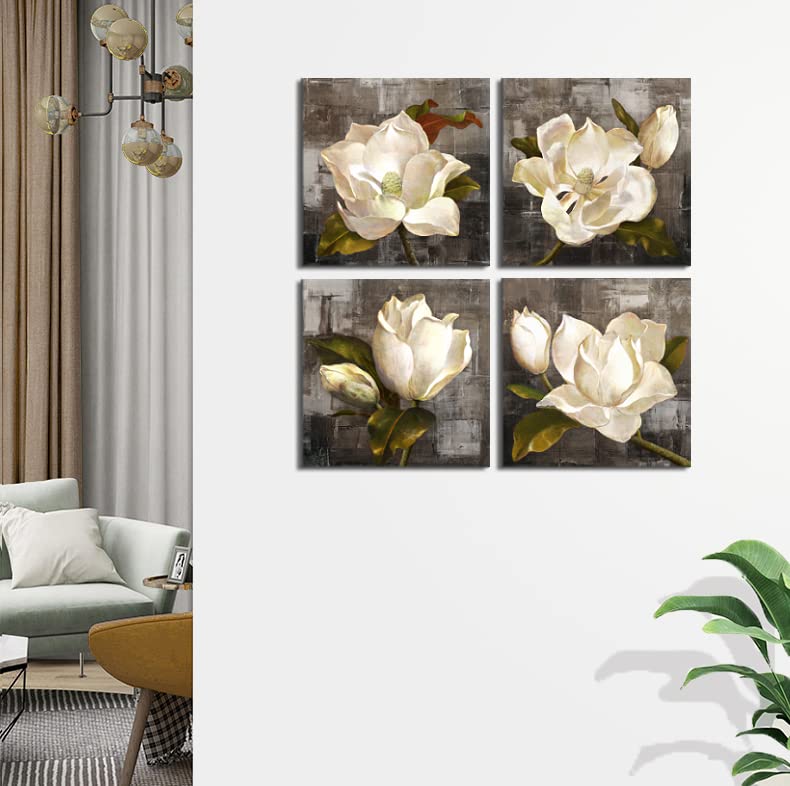 Brown Wall Art Brown Flower Canvas Print for Bathroom Living Room Kitchen Decor Rustic Brown Wall Decor White Flowers Magnolia Floral Canvas Print Art 12x12inchx4pcs