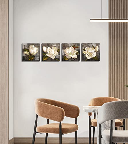 Brown Wall Art Brown Flower Canvas Print for Bathroom Living Room Kitchen Decor Rustic Brown Wall Decor White Flowers Magnolia Floral Canvas Print Art 12x12inchx4pcs