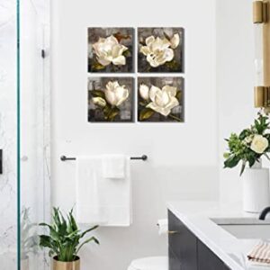 Brown Wall Art Brown Flower Canvas Print for Bathroom Living Room Kitchen Decor Rustic Brown Wall Decor White Flowers Magnolia Floral Canvas Print Art 12x12inchx4pcs