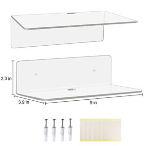 Bolidery 4 Pack Acrylic Floating Shelves, 9" Small Wall Shelf for Storage & Decoration, Adhesive Wall Mounted Shelf for Bedroom,Living Room,Bathroom