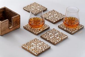 figtree – set of 6 wooden coasters for drinks absorbent with holder, coasters for coffee table protection, coffee table decor, perfect house warming gift, swirl