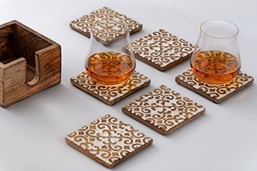 FIGTREE - Set of 6 Wooden Coasters for Drinks Absorbent with Holder, Coasters for Coffee Table Protection, Coffee Table Decor, Perfect House Warming Gift, Swirl