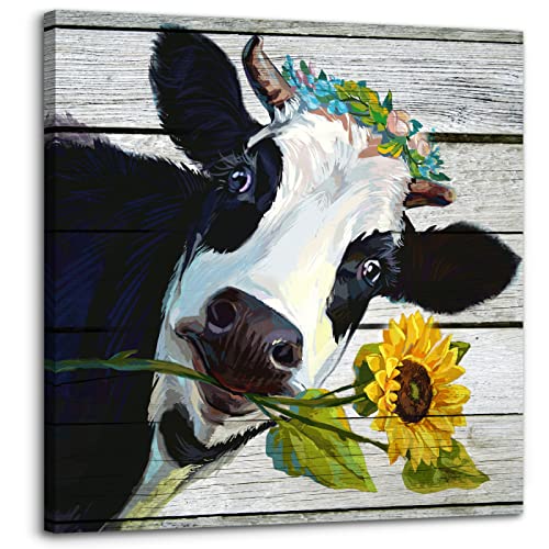 Cow Decor Sunflower Bathroom Decor Black and White Wall Decor Cow Pictures Wall Decor Farmhouse Bathroom Wall Decor for Bedroom Kitchen Living Room, Rustic Framed Canvas Wall Art Paintings 14"x14"