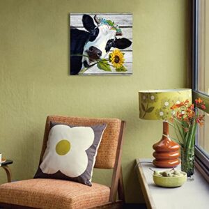 Cow Decor Sunflower Bathroom Decor Black and White Wall Decor Cow Pictures Wall Decor Farmhouse Bathroom Wall Decor for Bedroom Kitchen Living Room, Rustic Framed Canvas Wall Art Paintings 14"x14"