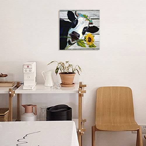 Cow Decor Sunflower Bathroom Decor Black and White Wall Decor Cow Pictures Wall Decor Farmhouse Bathroom Wall Decor for Bedroom Kitchen Living Room, Rustic Framed Canvas Wall Art Paintings 14"x14"