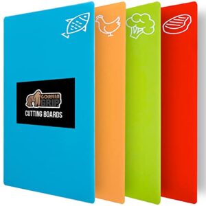 gorilla grip cutting boards for kitchen, set of 4 durable mats with food icons, flexible dishwasher safe plastic, slip resistant bpa free large mat for meat, fish, vegetables, chopping board, multi