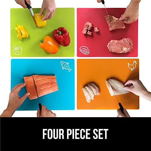 Gorilla Grip Cutting Boards for Kitchen, Set of 4 Durable Mats with Food Icons, Flexible Dishwasher Safe Plastic, Slip Resistant BPA Free Large Mat for Meat, Fish, Vegetables, Chopping Board, Multi