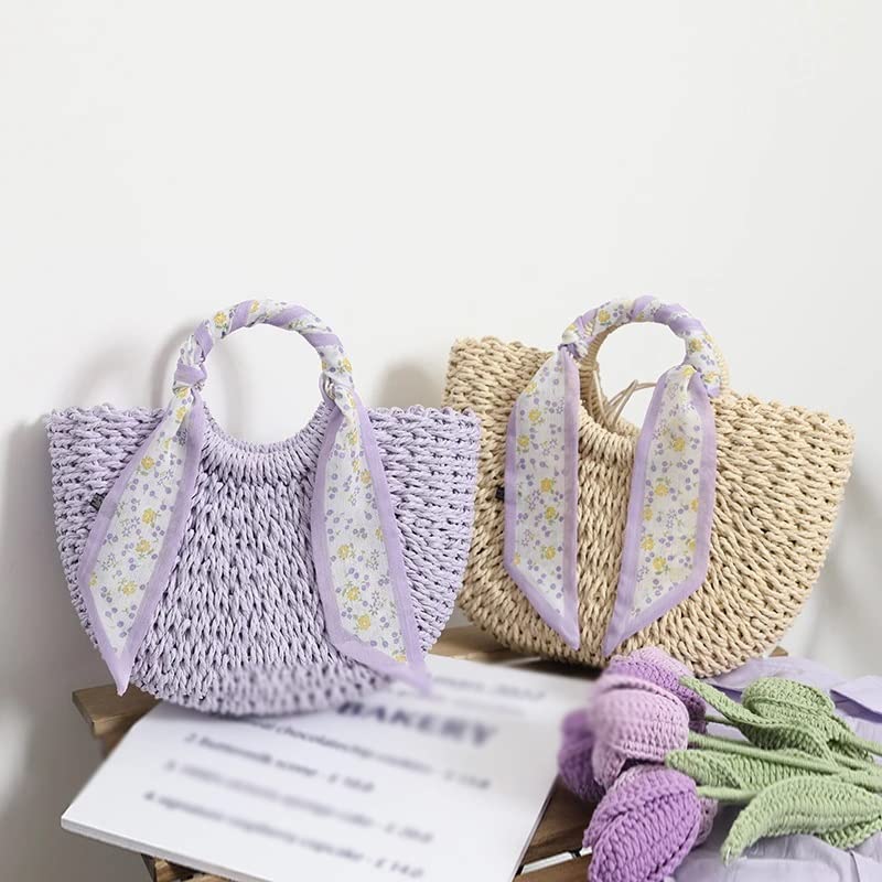 Summer Handmade Woven Rattan Straw Bag Round Handle Purple Tote Beach Vacation Female Semicircle Handbag (Color : B, Size : One Size)