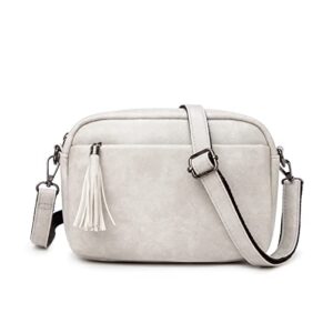 myfriday lightweight medium crossbody bag for women, camera shoulder purses pocketbooks with tassel and triple zipper pocket grey