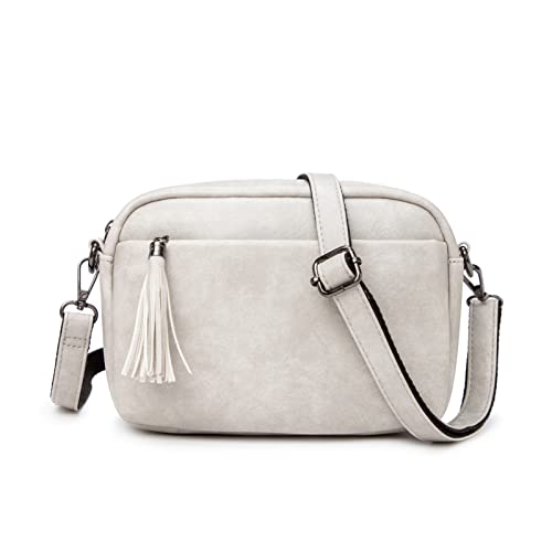 myfriday Lightweight Medium Crossbody Bag for Women, Camera Shoulder Purses Pocketbooks with Tassel and Triple Zipper Pocket Grey