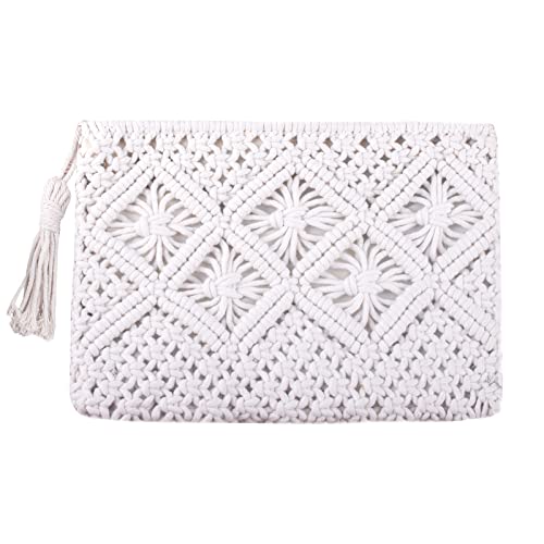 DIGOGO Women's Straw Clutch Purse Summer Beach Handbag Cotton Crochet Bohemian Purse White