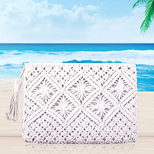 DIGOGO Women's Straw Clutch Purse Summer Beach Handbag Cotton Crochet Bohemian Purse White