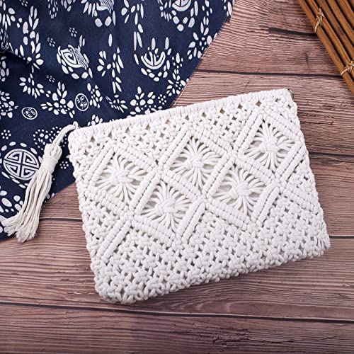 DIGOGO Women's Straw Clutch Purse Summer Beach Handbag Cotton Crochet Bohemian Purse White