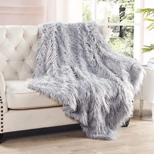 Home Soft Things Mongolian Fluffy Faux Fur Throw, Silver Cloud, 50" x 60", Decorative Throw for Bedroom Living Room Warm Plush Shaggy Throw Blankets for Bed Couch Sofa Chair Pets, Gift, Home Décor