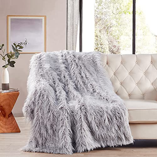 Home Soft Things Mongolian Fluffy Faux Fur Throw, Silver Cloud, 50" x 60", Decorative Throw for Bedroom Living Room Warm Plush Shaggy Throw Blankets for Bed Couch Sofa Chair Pets, Gift, Home Décor