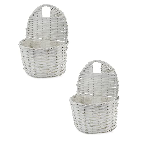 AuldHome Wicker Wall Pocket Baskets (2-Pack, White); Hanging Flower Door Baskets