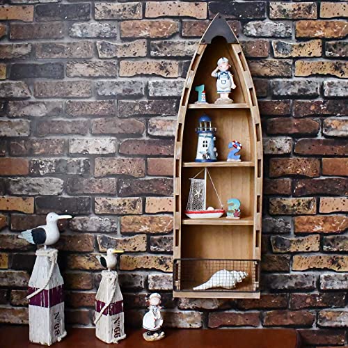 Linfevisi Solid Wood Boat Shelf Decor Beach Theme Hanging Boat Wall Decor Shelf Wooden Boat Decor Boat Book Shelf Nautical Decor Boat Display Wall Art with Net Home Decor for Living Room 31.5"