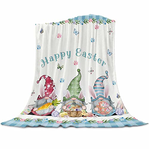 Easter Spring Throw Blanket 40x50inch, Happy Easter Flannel Fleece Blanket, Easter Gnomes Eggs Blanket for Sofa Couch, Decorative Warm Blankets for Living Room/Bedroom (Blue Buffalo Plaid, Vintage)