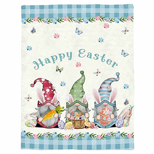 Easter Spring Throw Blanket 40x50inch, Happy Easter Flannel Fleece Blanket, Easter Gnomes Eggs Blanket for Sofa Couch, Decorative Warm Blankets for Living Room/Bedroom (Blue Buffalo Plaid, Vintage)