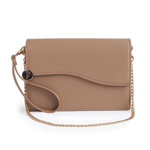 kardinal fashions designer clutch purse for women, vegan leather fashion envelope style hand bag with wristlet strap and gold crossbody chain from (taupe)