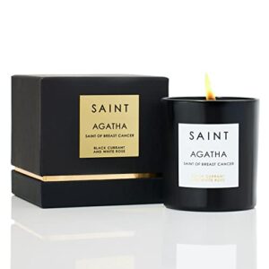 saint agatha scented candle with prayer, prayer coin, and holy oil, saint of breast cancer, soy coconut aromatherapy candle with 50 hour burn time