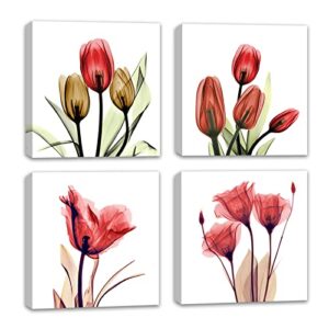 Red Tulip Wall Art Prints - Plant Paintings Decor for Kitchen Natural Style Flowers Canvas Pictures Artwork for Living Room Bathroom Teens Bedroom Home Decoration Framed 12 x 12 Inches Ready to Hang