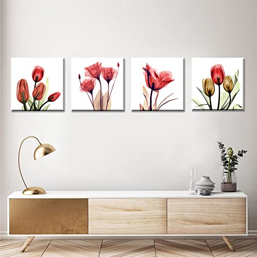 Red Tulip Wall Art Prints - Plant Paintings Decor for Kitchen Natural Style Flowers Canvas Pictures Artwork for Living Room Bathroom Teens Bedroom Home Decoration Framed 12 x 12 Inches Ready to Hang
