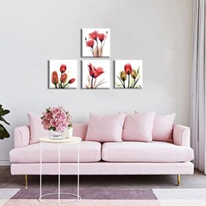 Red Tulip Wall Art Prints - Plant Paintings Decor for Kitchen Natural Style Flowers Canvas Pictures Artwork for Living Room Bathroom Teens Bedroom Home Decoration Framed 12 x 12 Inches Ready to Hang