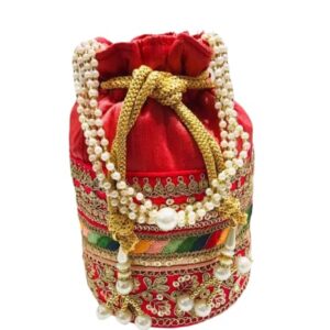 Hand embroidered art silk Potli handbags for Women. For Evening outing, wedding, and party Bag Purse with Drawstring. (Pink)