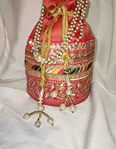 Hand embroidered art silk Potli handbags for Women. For Evening outing, wedding, and party Bag Purse with Drawstring. (Pink)