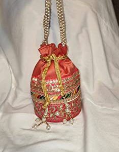 Hand embroidered art silk Potli handbags for Women. For Evening outing, wedding, and party Bag Purse with Drawstring. (Pink)