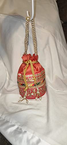 Hand embroidered art silk Potli handbags for Women. For Evening outing, wedding, and party Bag Purse with Drawstring. (Pink)