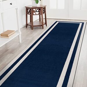 camilson navy blue area rug 2′ x 7′, bordered design indoor runner rugs for living area hallway, navy blue / cream indoor carpet