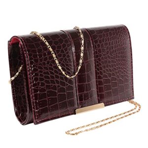 women’s burgundy evening clutch faux crocodile skin crossbody flap bag with chain strap