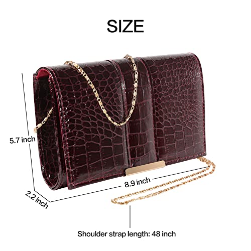 Women's Burgundy Evening Clutch Faux Crocodile Skin Crossbody Flap Bag with Chain Strap