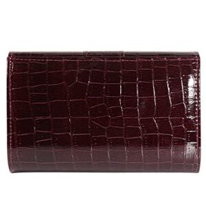 Women's Burgundy Evening Clutch Faux Crocodile Skin Crossbody Flap Bag with Chain Strap