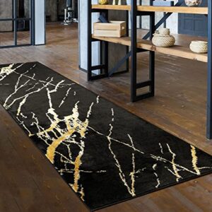 antep rugs babil gold 2×7 marble abstract modern indoor runner rug (black, 2′ x 7′)