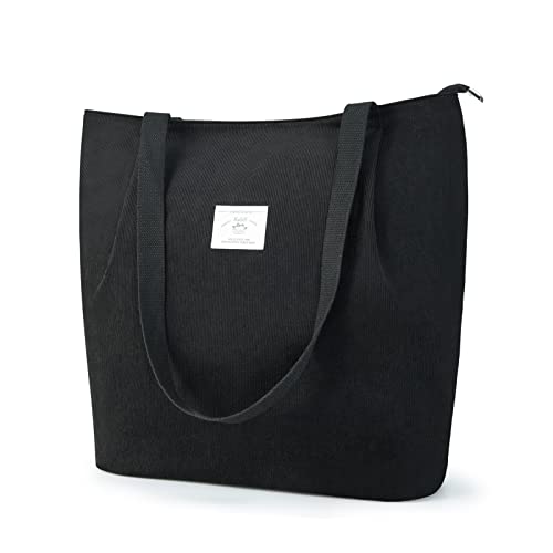 KALIDI Corduroy Tote Bag Women Tote Handbags Zipper Large Shoulder Bags Hobo Shopping Bag with Pockets Black