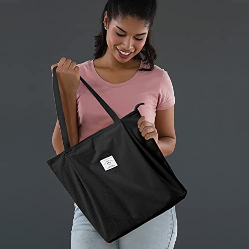 KALIDI Corduroy Tote Bag Women Tote Handbags Zipper Large Shoulder Bags Hobo Shopping Bag with Pockets Black