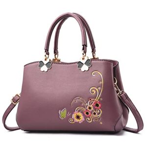embroidery flowers handbags for women ladies tote shoulder bags pu leather satchel top handle satchel purse (purple b)