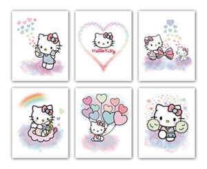 hello kitty pastel poster – danish pastel room decor, anime poster, hello kitty room decor, kawaii room decor, hello kitty watercolor prints for teen girls kids room bedroom bathroom nursery wall decor picture posters birthday gifts, set of 6 unframed (8x