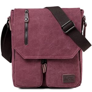kasqo small messenger bag, 11″ canvas shoulder crossbody travel vintage bags for women teens girls, women purse for work business, wine red