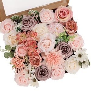 jpsor dusty rose flowers fake roses, blush flowers pink roses artificial flowers combo box set with foam flowers for diy wedding bouquets bridal shower centerpieces table decoration